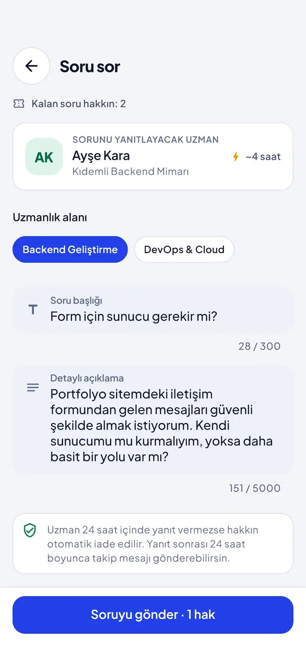 Soru sor ekranı: uzman, uzmanlık alanı, soru başlığı ve açıklama