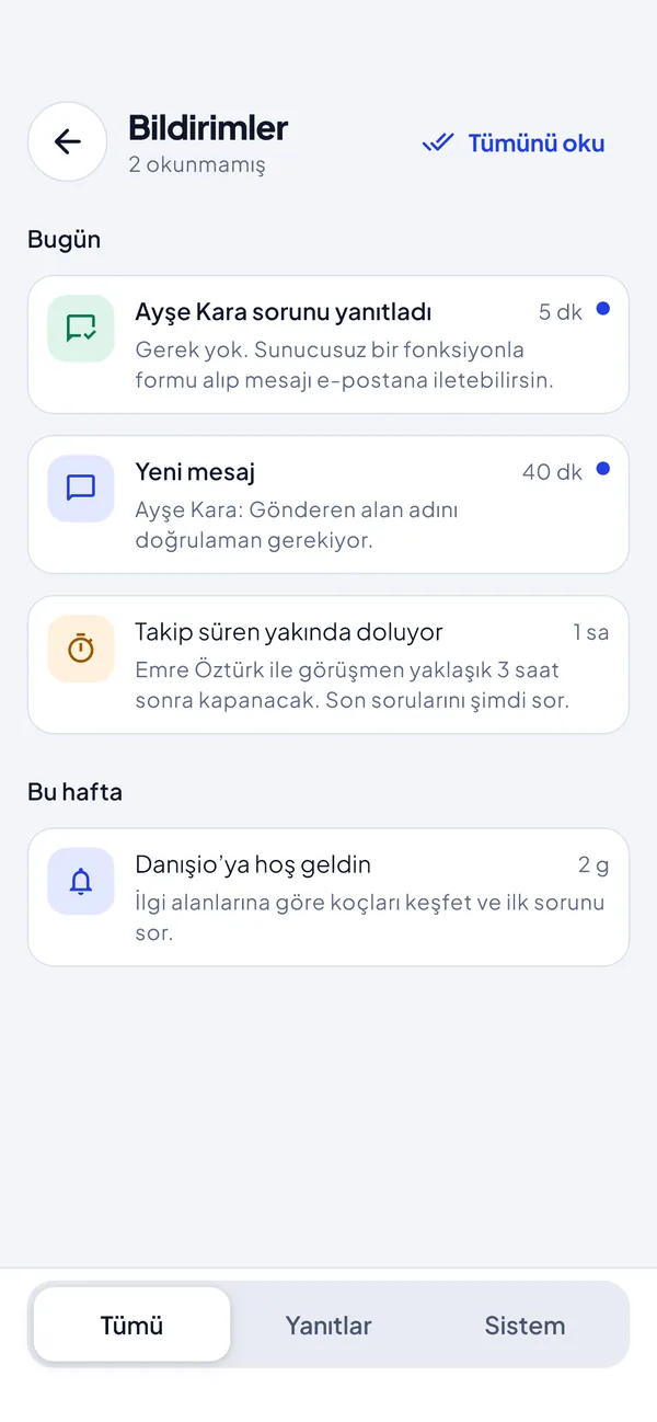 Bildirimler ekranı: yanıt, yeni mesaj ve takip süresi bildirimleri
